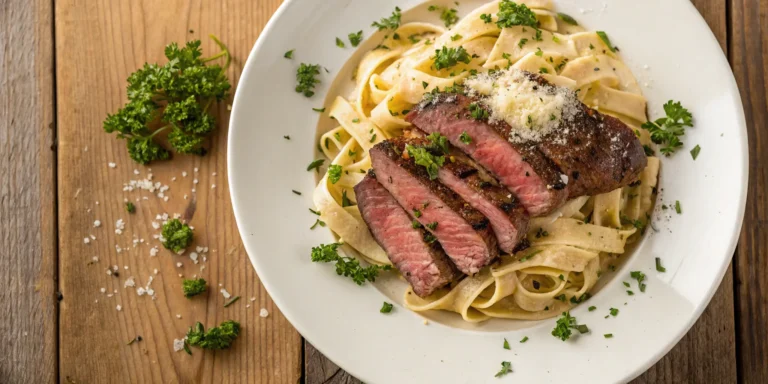 Final plated steak and pasta with garnish on rustic table