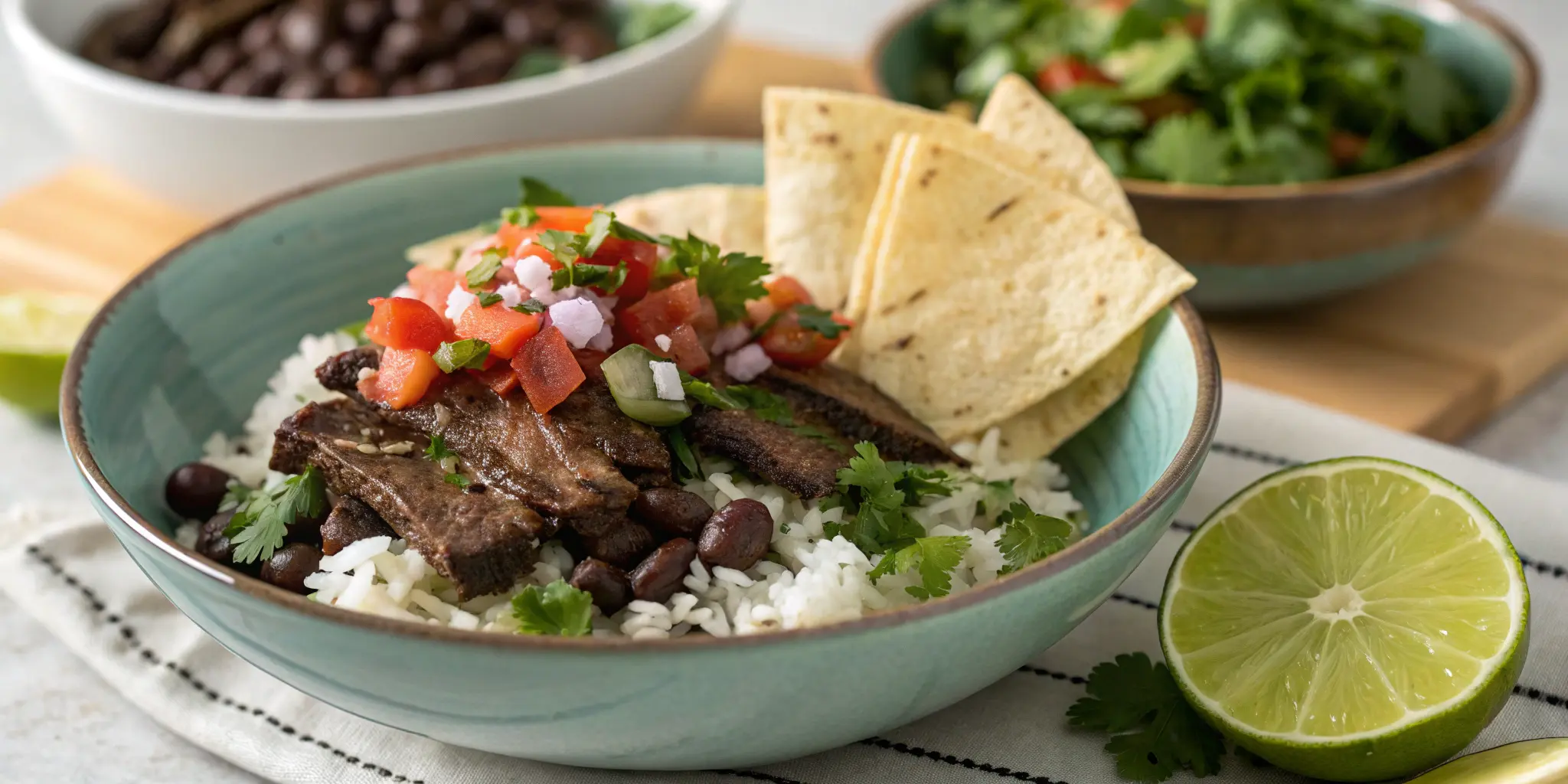 Copycat Chipotle steak served with cilantro-lime rice and toppings