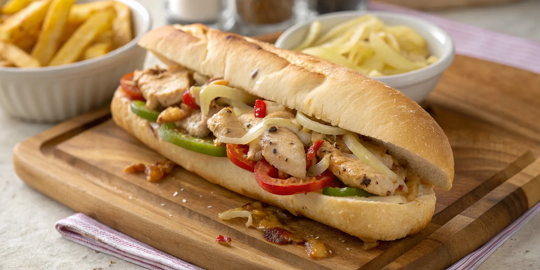 Homemade chicken cheesesteak sandwich with melted cheese and sautéed peppers on a hoagie roll
