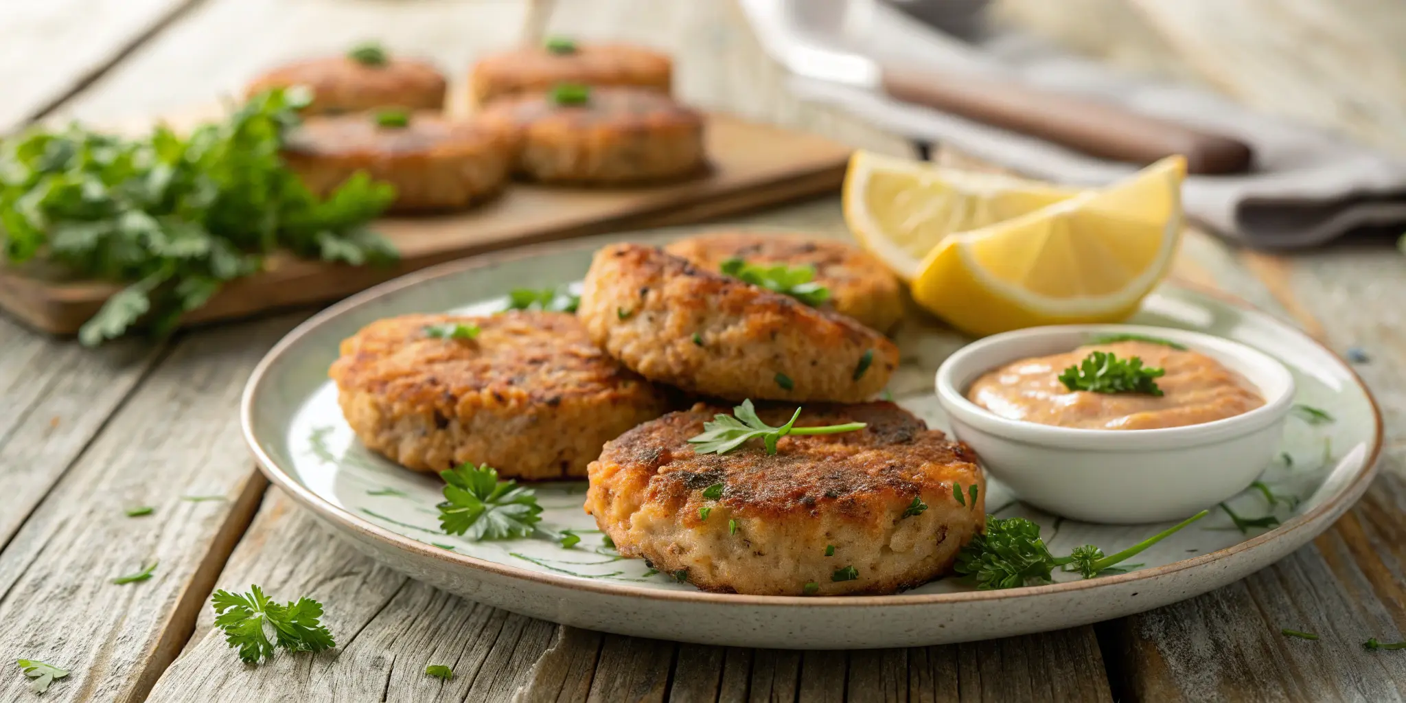 A close-up shot of crispy baked salmon cakes served with lemon wedges and fresh herbs on a rustic plate
