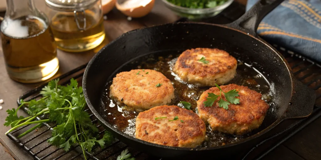 Crispy salmon patties cooking in a cast-iron skillet on the stovetop
