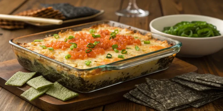 Perfectly baked sushi bake topped with green onions and tobiko, served with nori on a wooden table