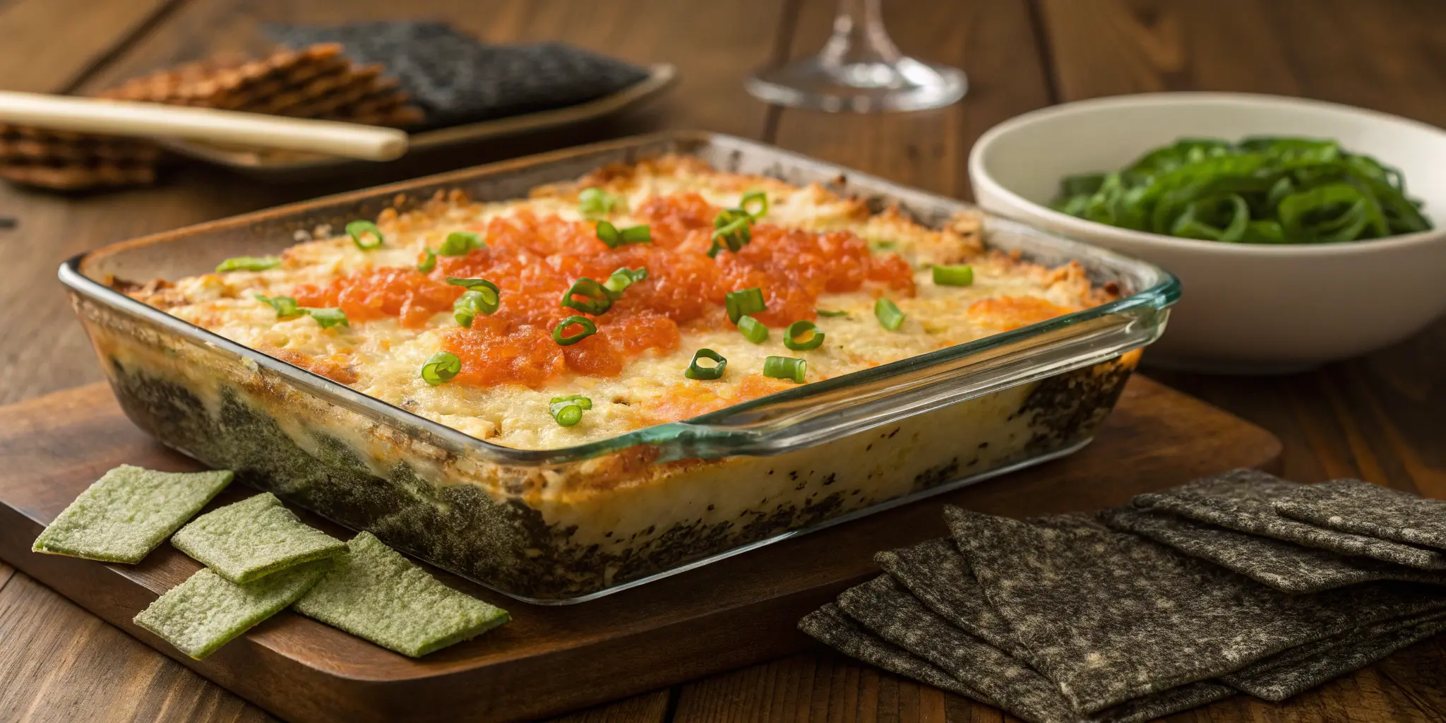 Perfectly baked sushi bake topped with green onions and tobiko, served with nori on a wooden table