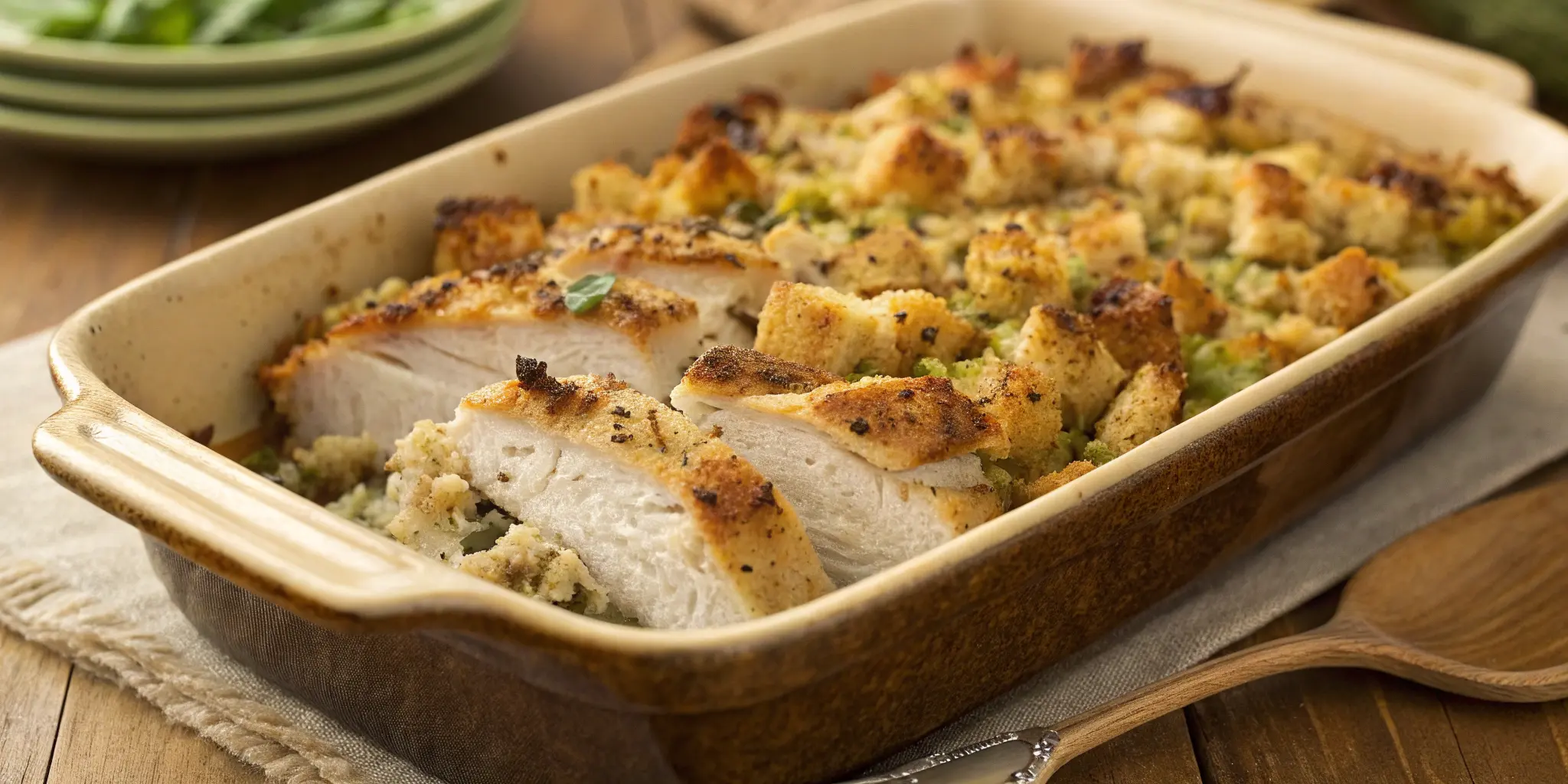 Golden-baked stove top stuffing chicken casserole with crispy stuffing topping and juicy chicken breasts in a ceramic baking dish