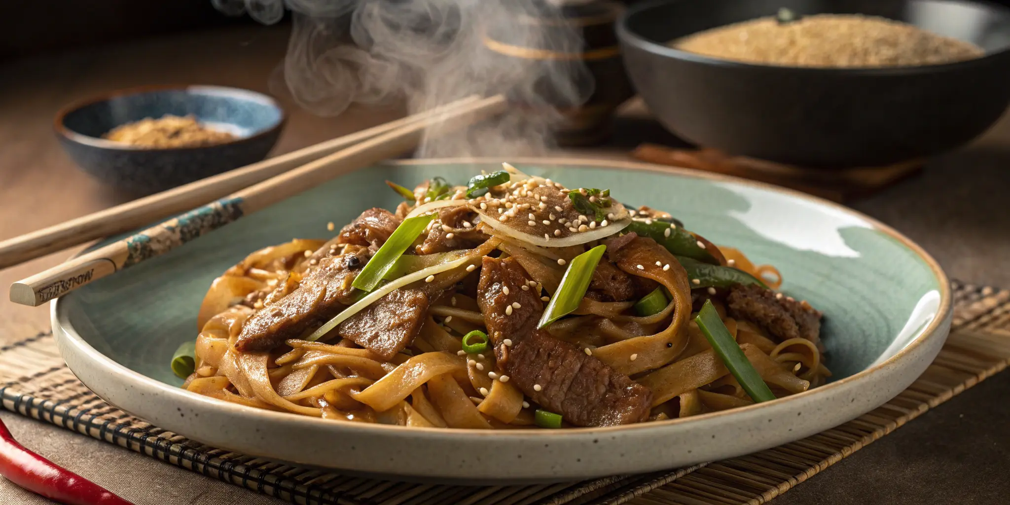 Classic Cantonese beef chow fun Recipe with wide rice noodles and vegetables