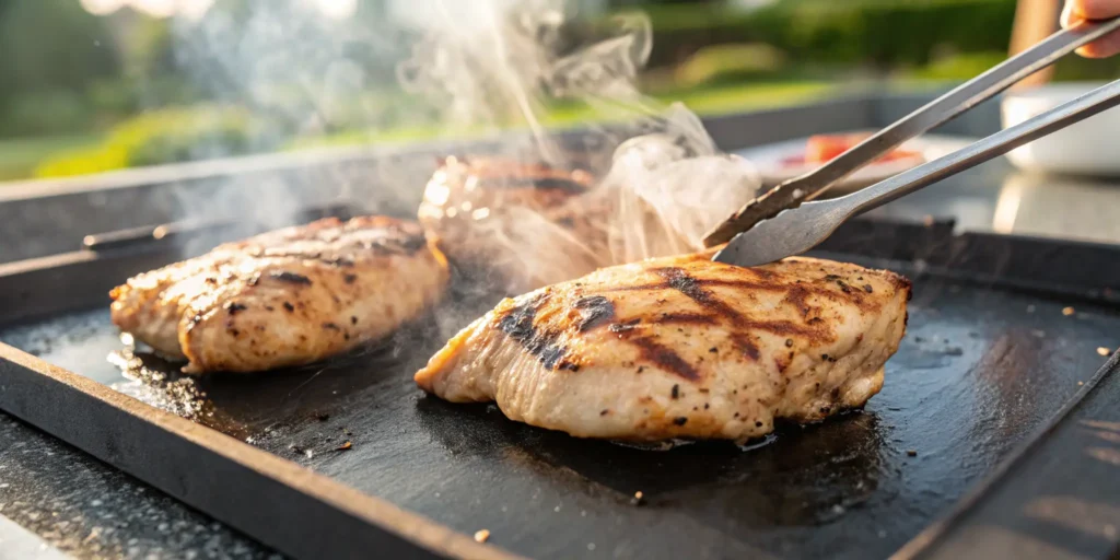 Juicy chicken breasts cooking on a Blackstone griddle outdoors