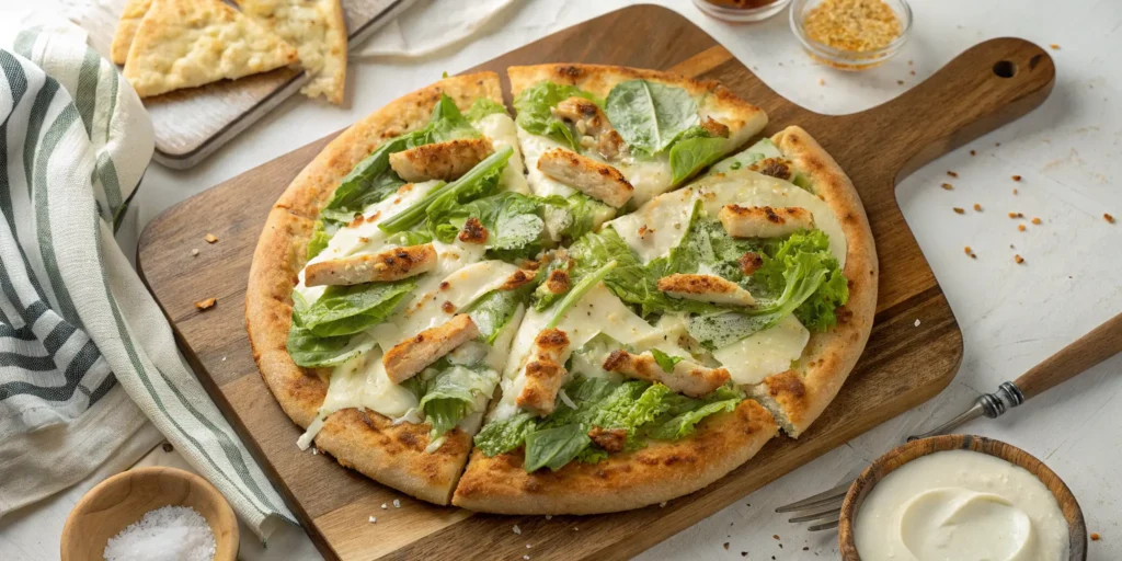 Chicken Caesar Pizza with romaine and Caesar dressing on a wooden board
