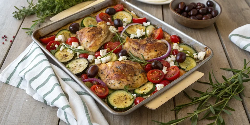 Greek sheet pan chicken and veggies served on a rustic table