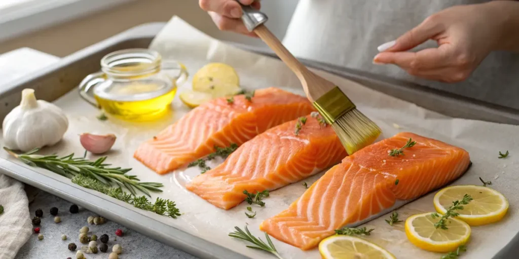 Brushing olive oil on fresh salmon fillets with herbs and lemon, Backed Salmon