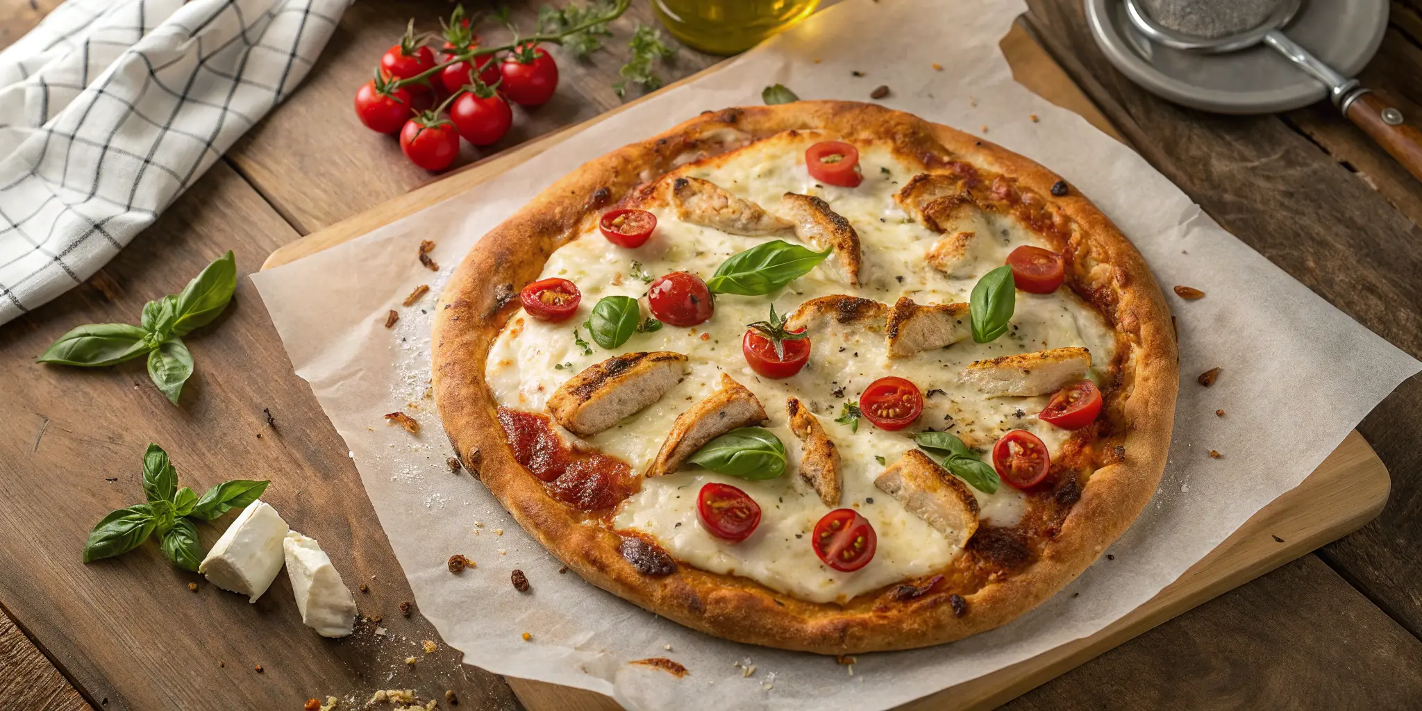 Freshly baked chicken dough pizza with toppings