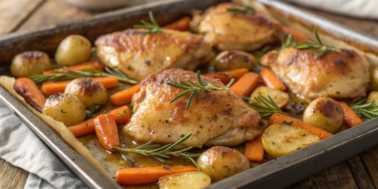 Sheet pan chicken thighs with roasted carrots and baby potatoes