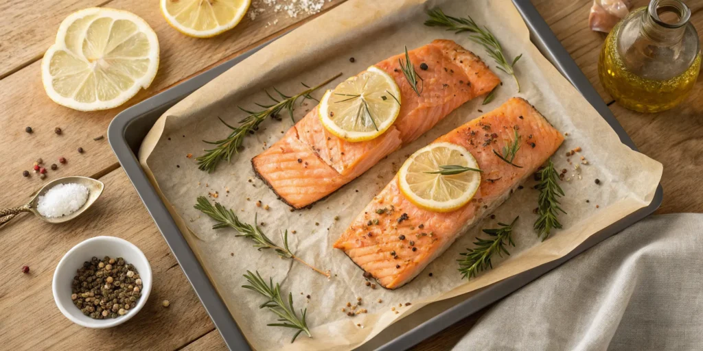 Perfectly roasted salmon fillets with lemon and herbs