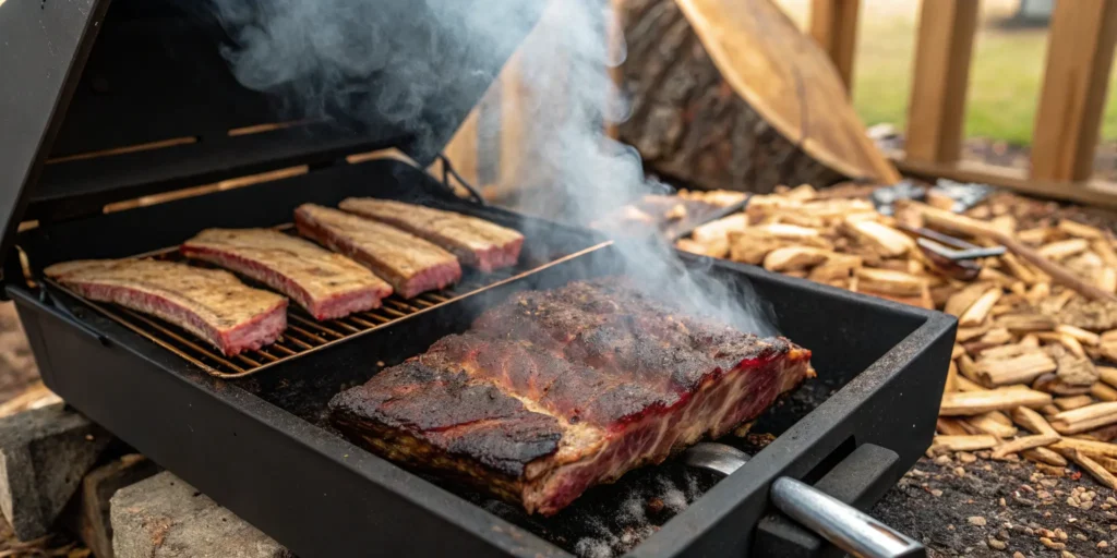 Smoked beef short ribs cooking on an outdoor smoker