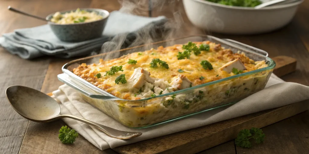 Chicken broccoli rice casserole with golden cheese topping