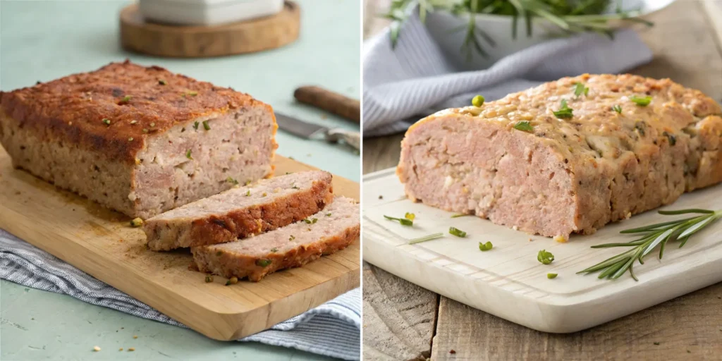 Side-by-side comparison of chicken meatloaf and ground chicken meatloaf slices
