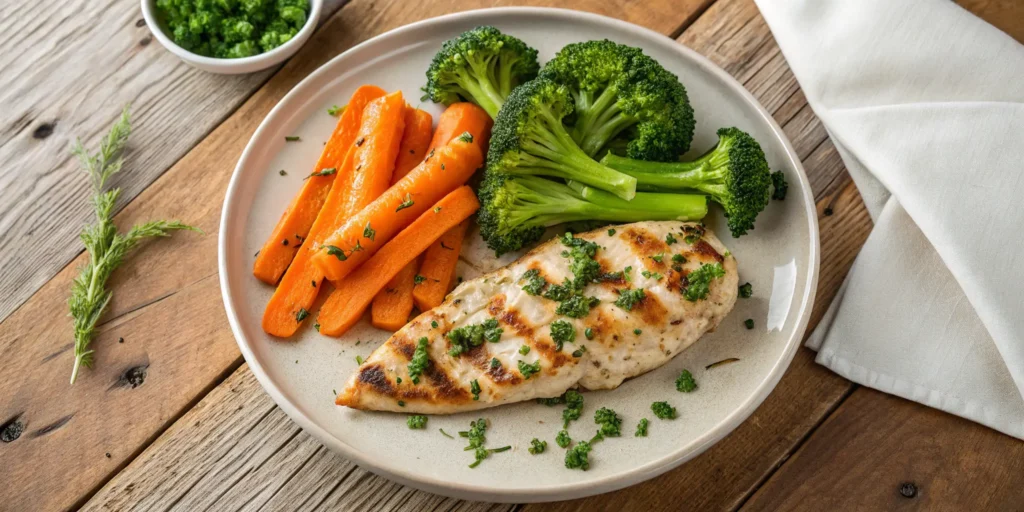 Garlic herb chicken breast with steamed broccoli and carrots