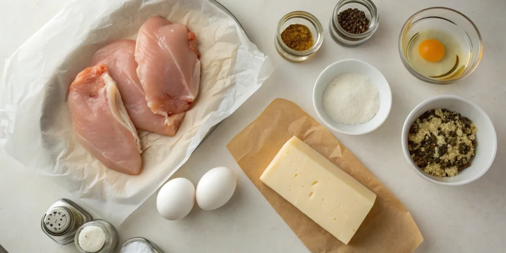Ingredients for chicken crust pizza including ground chicken, cheese, and egg