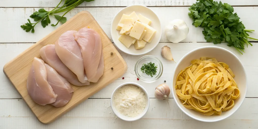 Ingredients for making chicken Alfredo from scratch