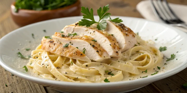 Creamy Alfredo pasta topped with sliced seasoned chicken