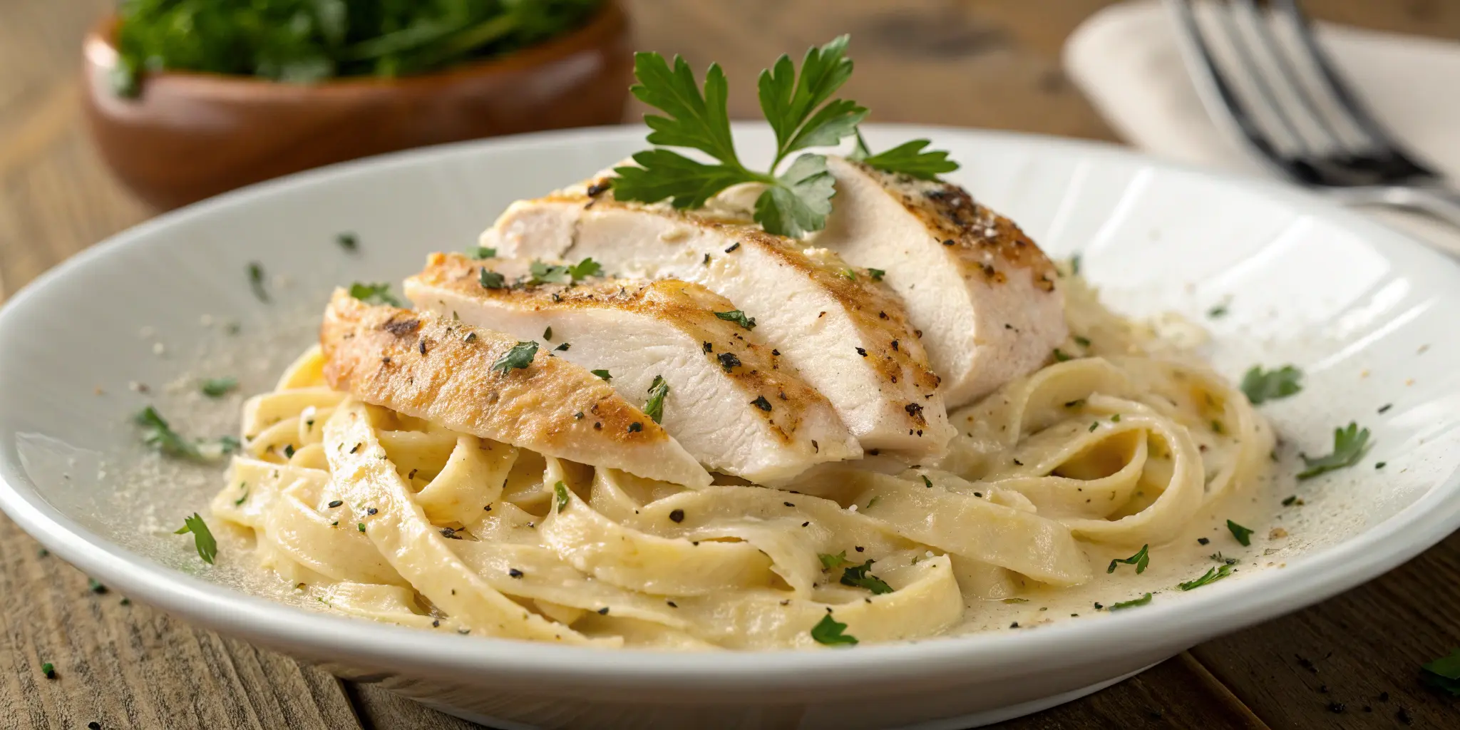 Creamy Alfredo pasta topped with sliced seasoned chicken