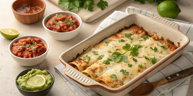 Flat lay of freshly baked chicken enchiladas with cheese and cilantro