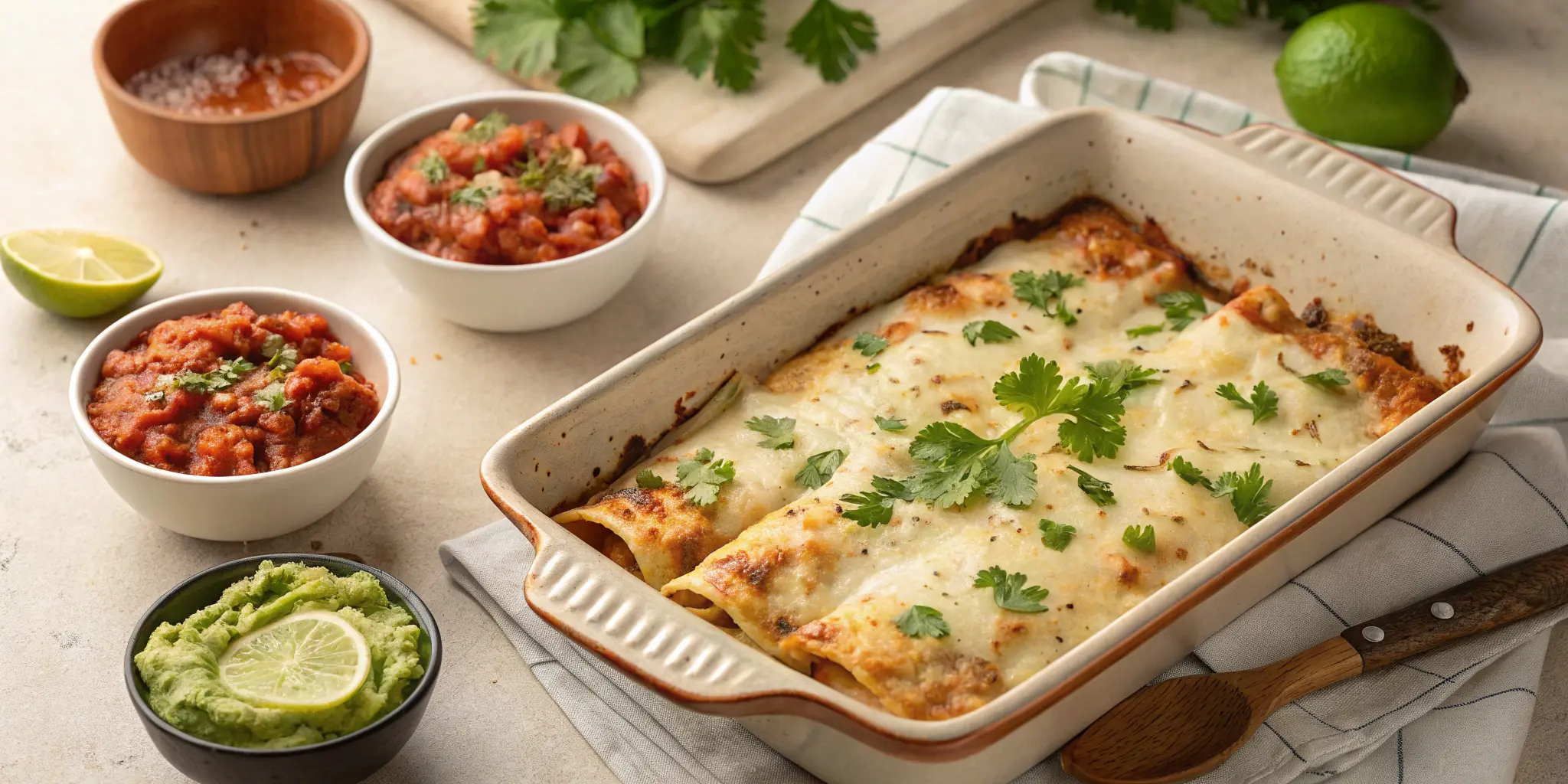 Flat lay of freshly baked chicken enchiladas with cheese and cilantro