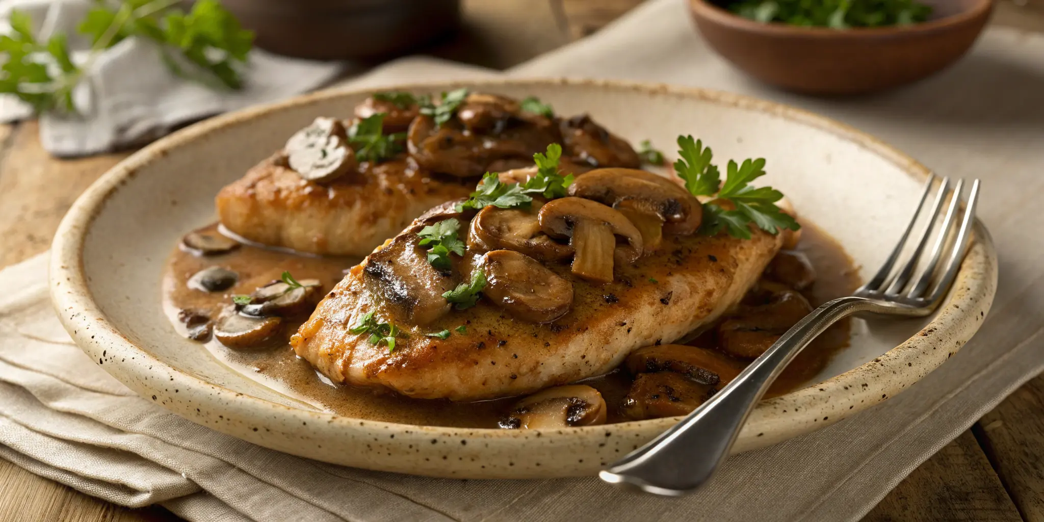 Chicken Marsala served with mushroom wine sauce and parsley garnish, Chicken Marsala Recipe