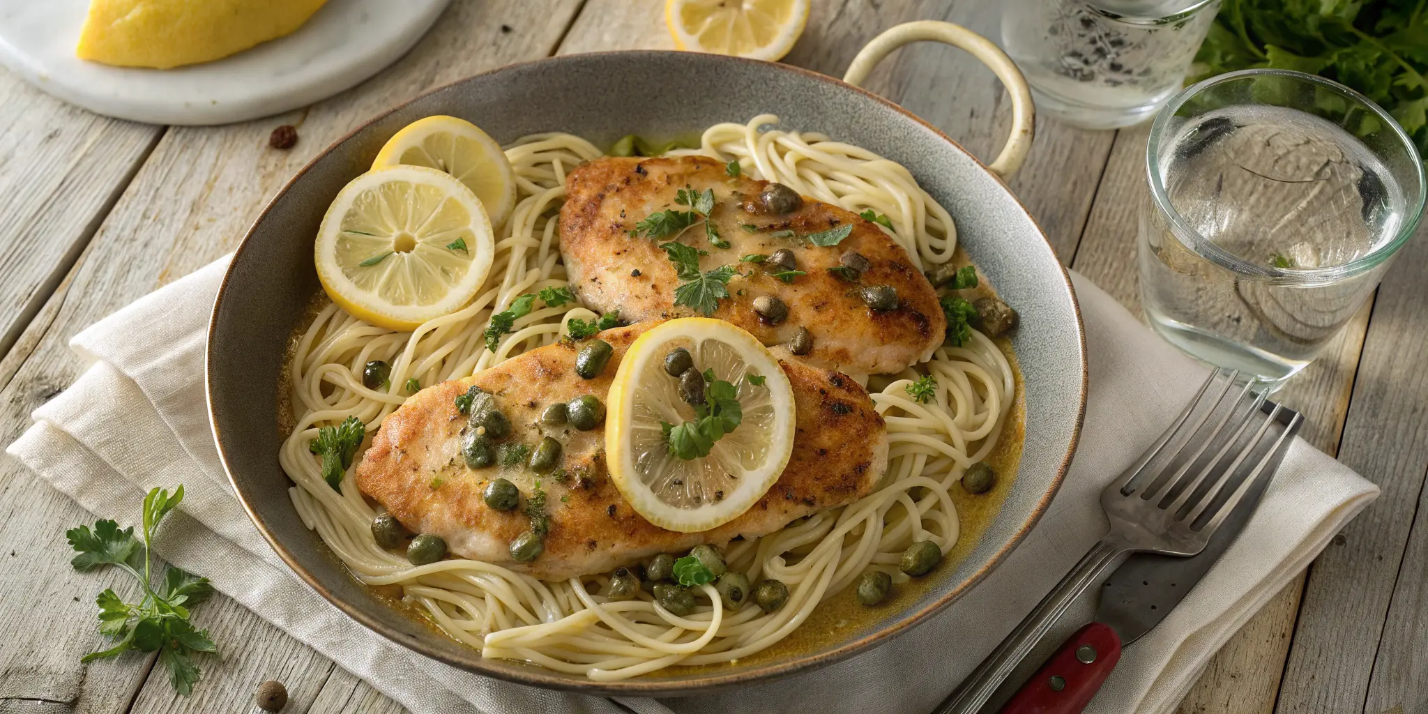 Chicken piccata with lemon, capers, and pasta on plate