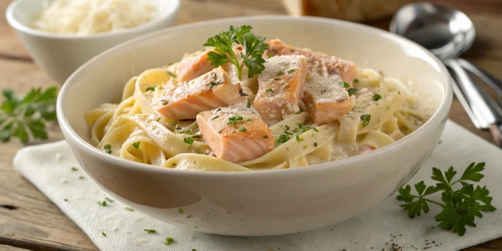 Creamy garlic butter salmon pasta with Parmesan and parsley