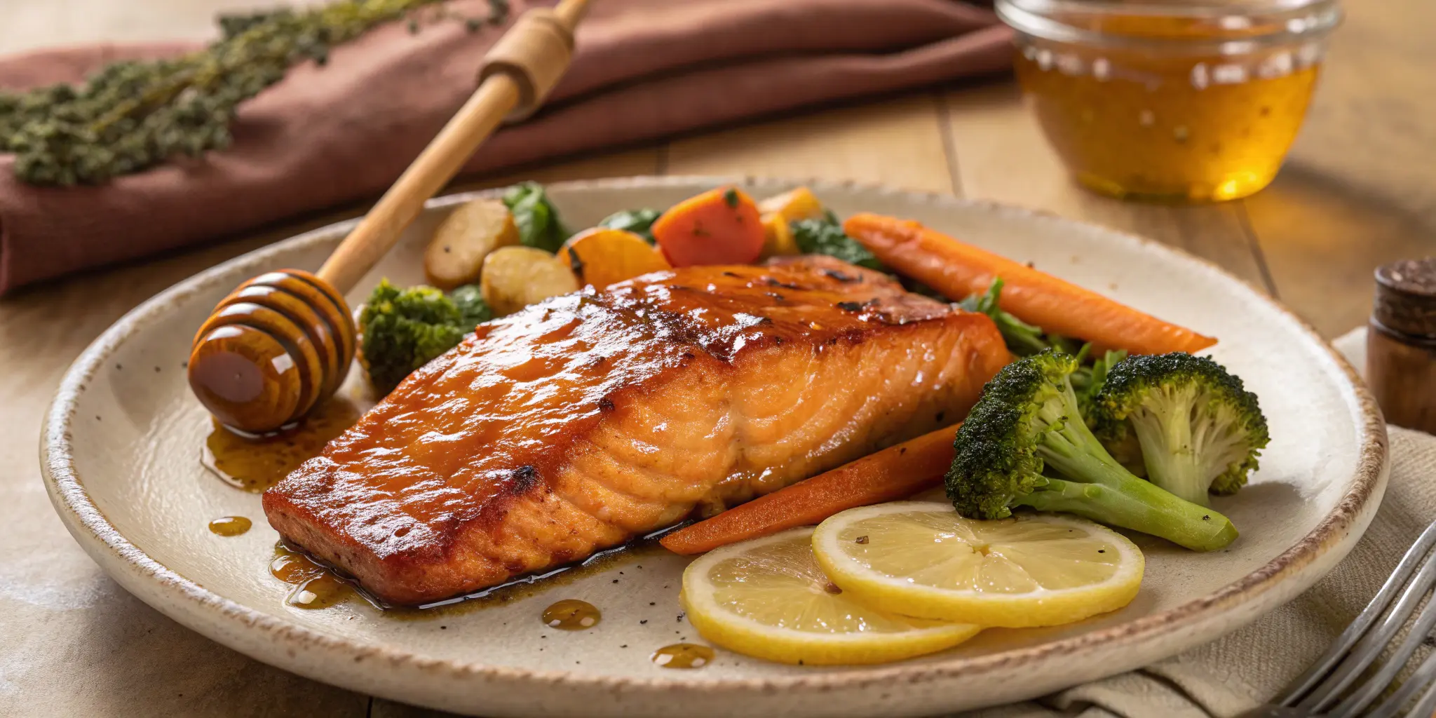 Honey glazed salmon with vegetables and lemon on a plate