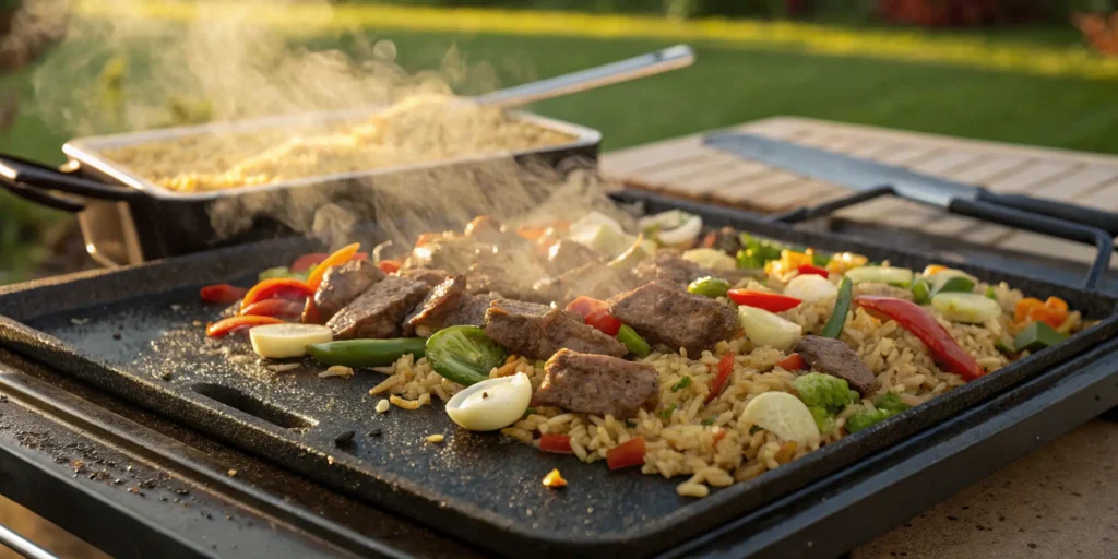 Hibachi beef and fried rice cooking on a Blackstone griddle outdoors