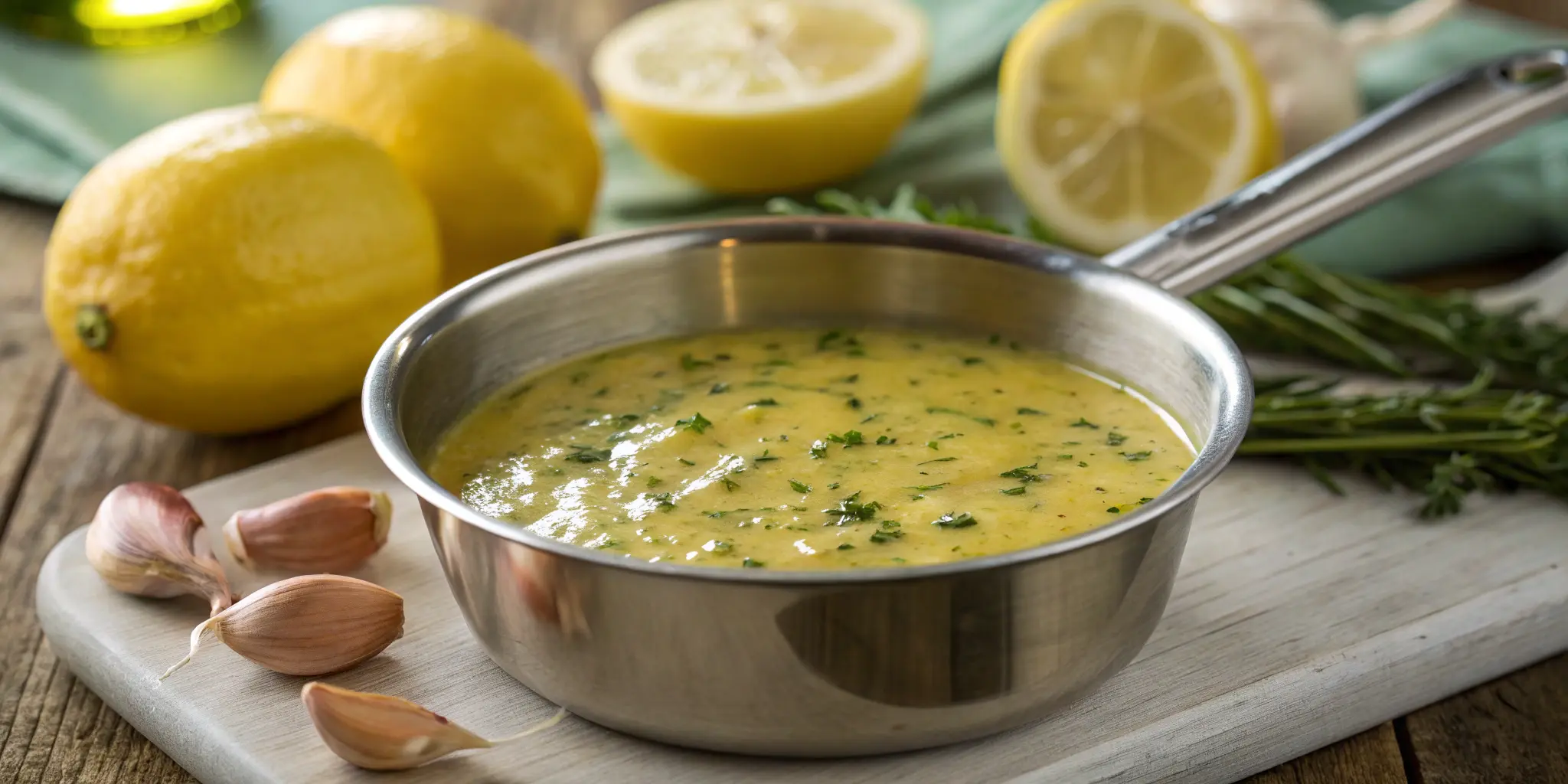 Freshly made lemon butter sauce in a small saucepan with herbs
