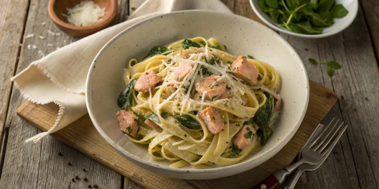 Creamy salmon spinach pasta served in a bowl with parmesan and herbs