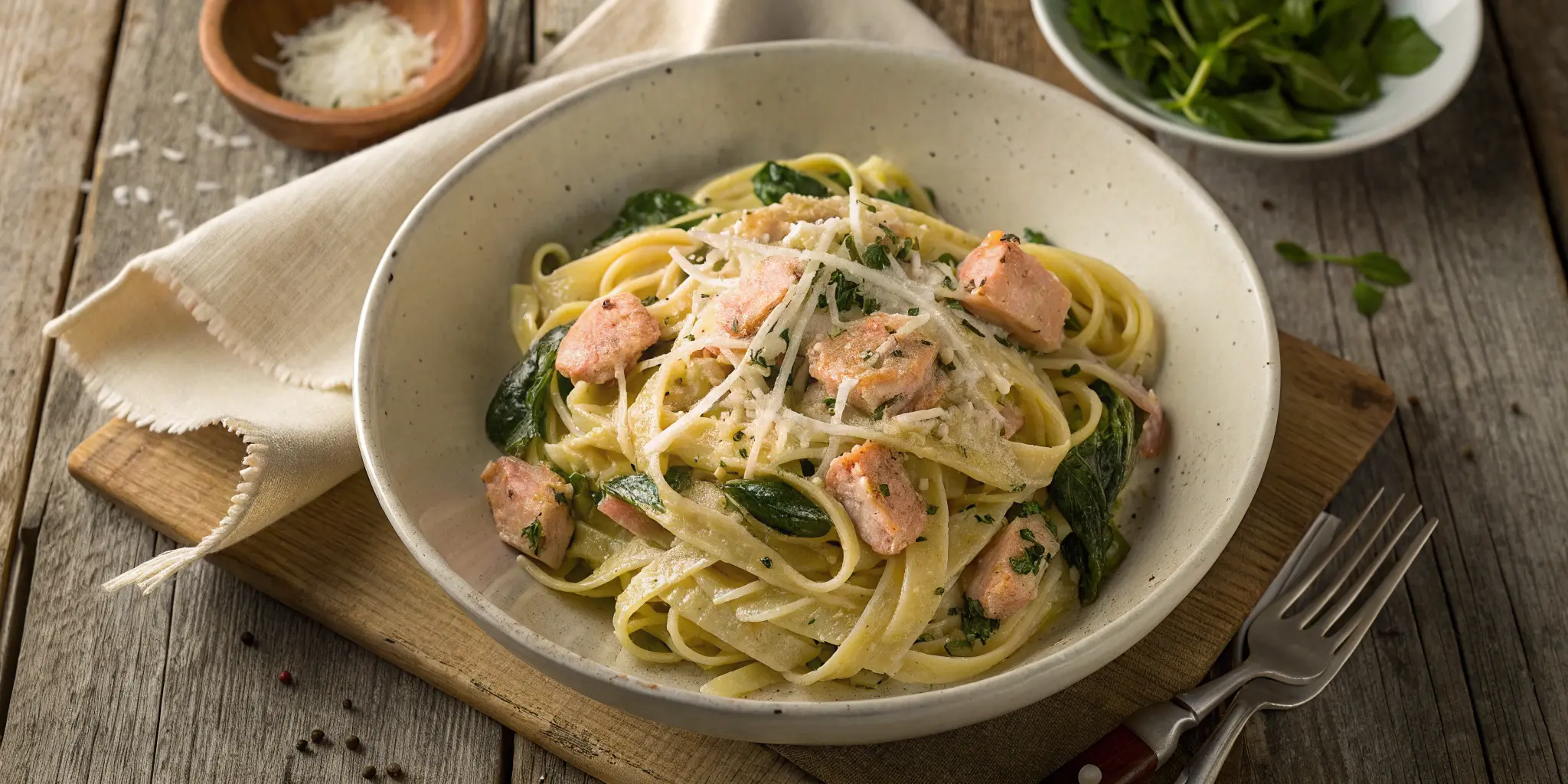 Creamy salmon spinach pasta served in a bowl with parmesan and herbs