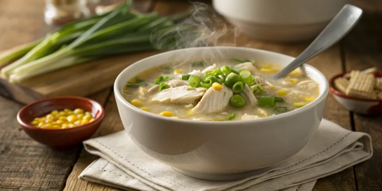 A bowl of steaming chicken corn soup garnished with spring onions