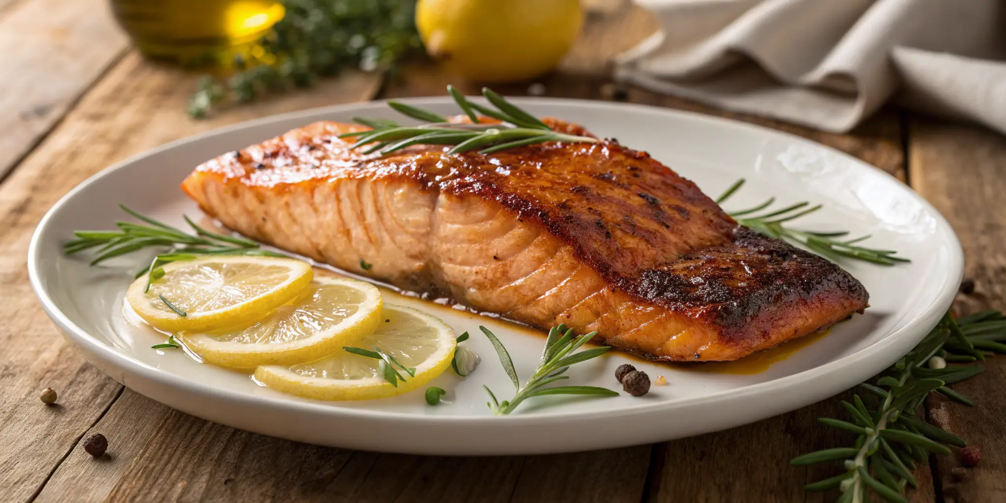 Glazed salmon fillet with lemon and herbs on a dinner plate, Salmon Glaze