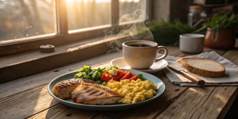 A cozy breakfast table with scrambled eggs, grilled chicken, vegetables, and coffee in warm morning light, Chicken and Eggs