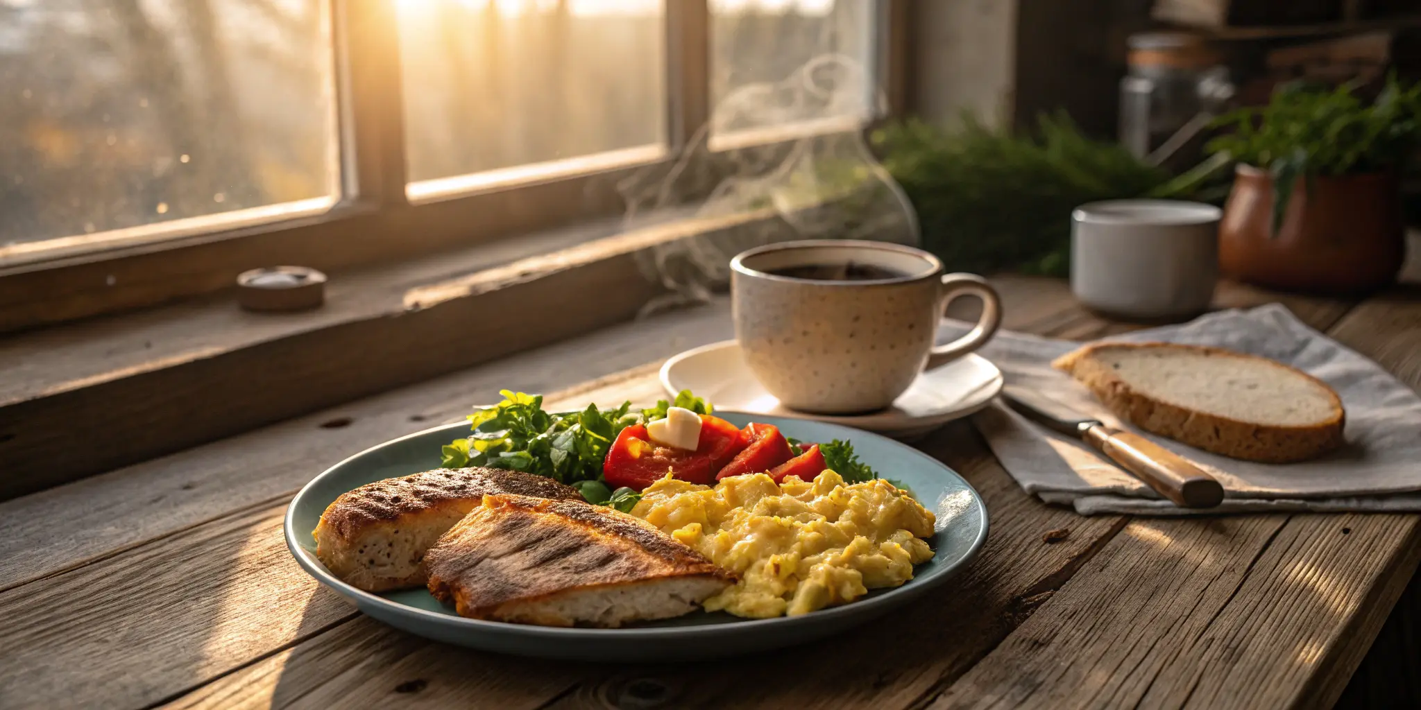 A cozy breakfast table with scrambled eggs, grilled chicken, vegetables, and coffee in warm morning light, Chicken and Eggs