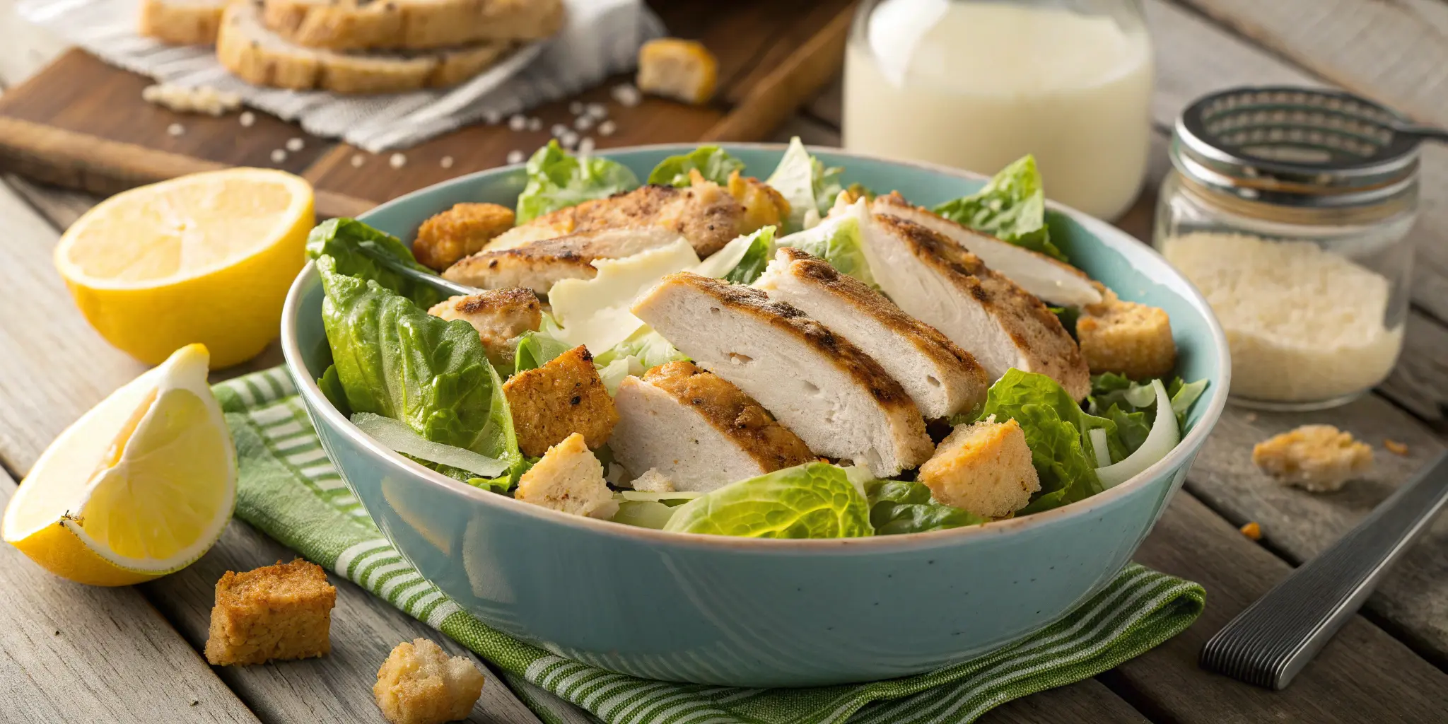 Chicken Caesar salad in a bowl with grilled chicken, croutons, and Parmesan