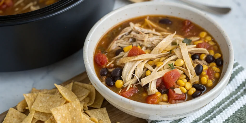 Classic chicken tortilla soup with crock pot in background