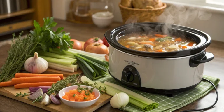 Slow cooker filled with steaming chicken soup and fresh vegetables on kitchen counter, Slow Cooker Chicken Soup