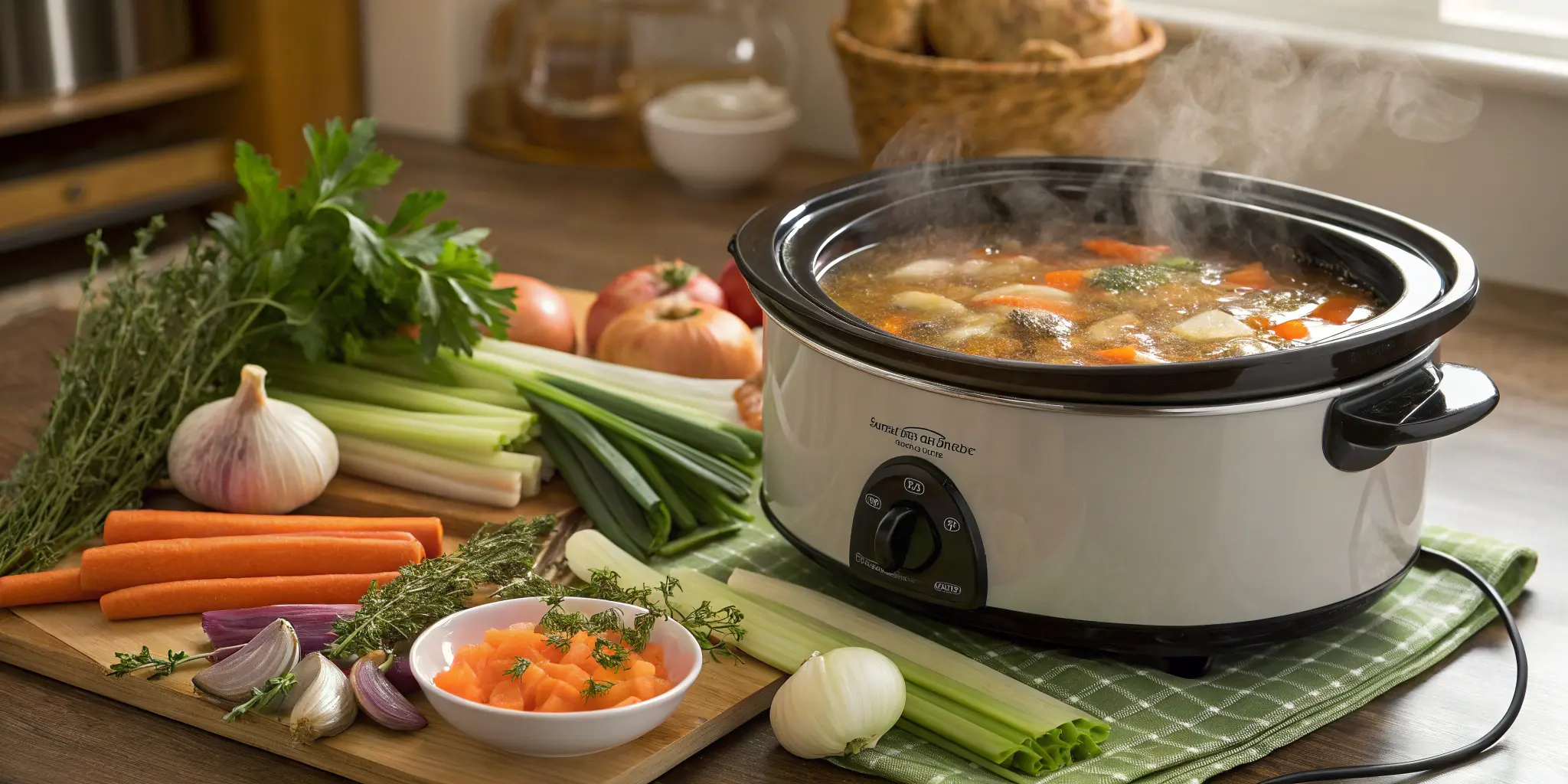 Slow cooker filled with steaming chicken soup and fresh vegetables on kitchen counter, Slow Cooker Chicken Soup