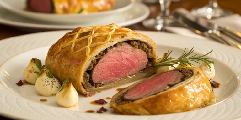 Gordon Ramsay Beef Wellington recipe sliced showing pink center and golden crust