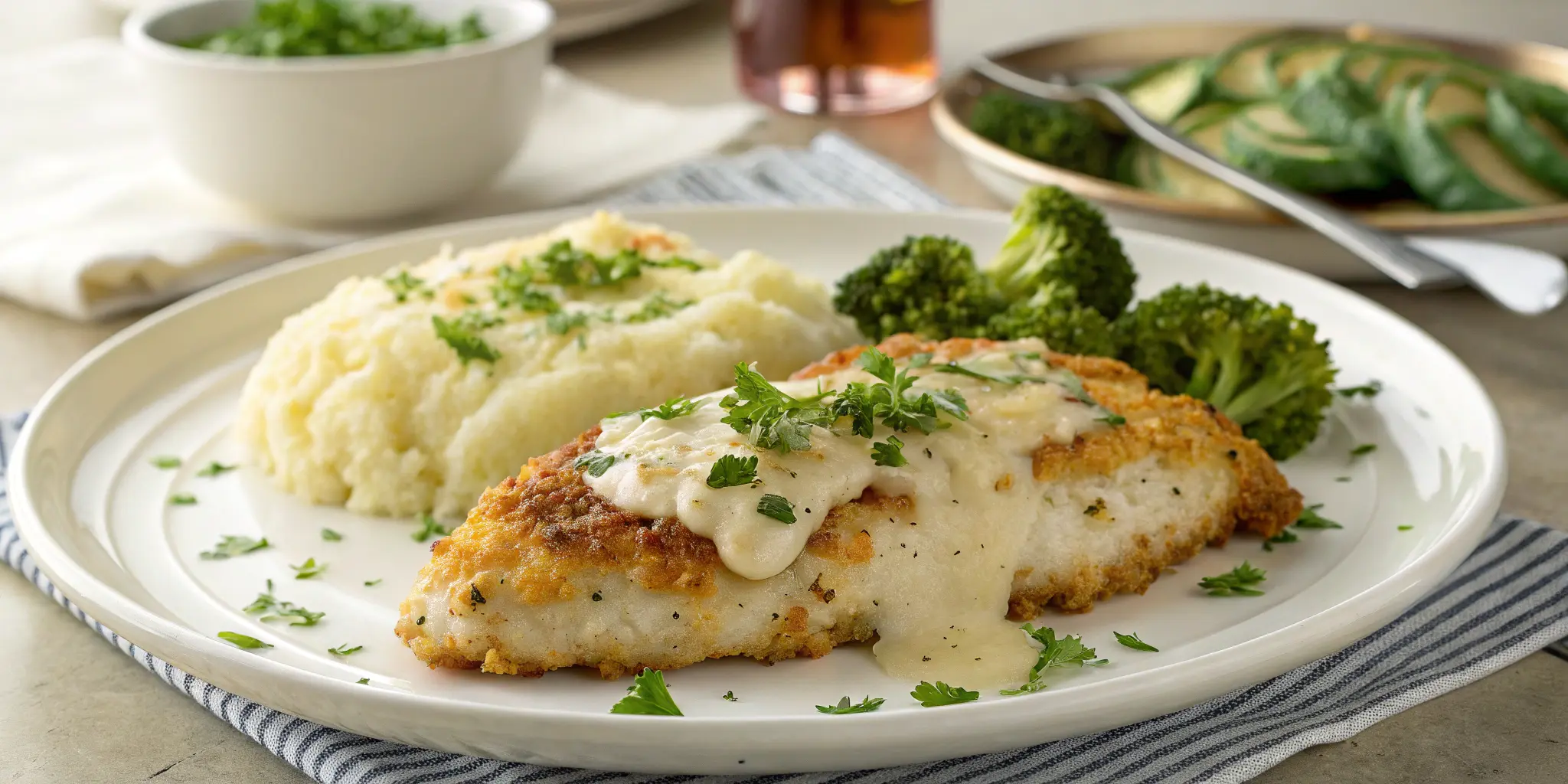 LongHorn Parmesan Crusted Chicken served with mashed potatoes and broccoli