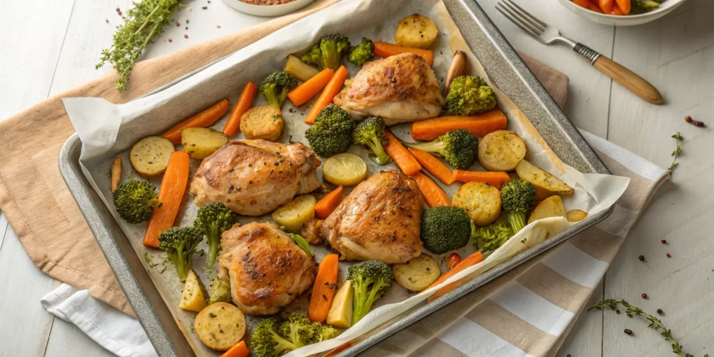 Flat lay of sheet pan chicken with carrots and broccoli