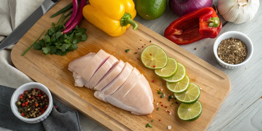 Fresh ingredients for sheet pan chicken fajitas on a cutting board