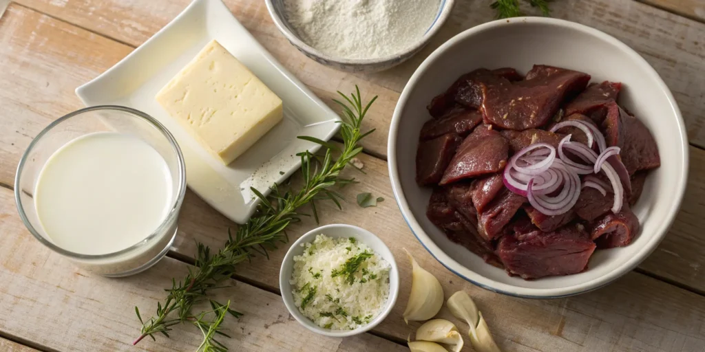 Raw ingredients for classic liver and onions recipe on kitchen counter