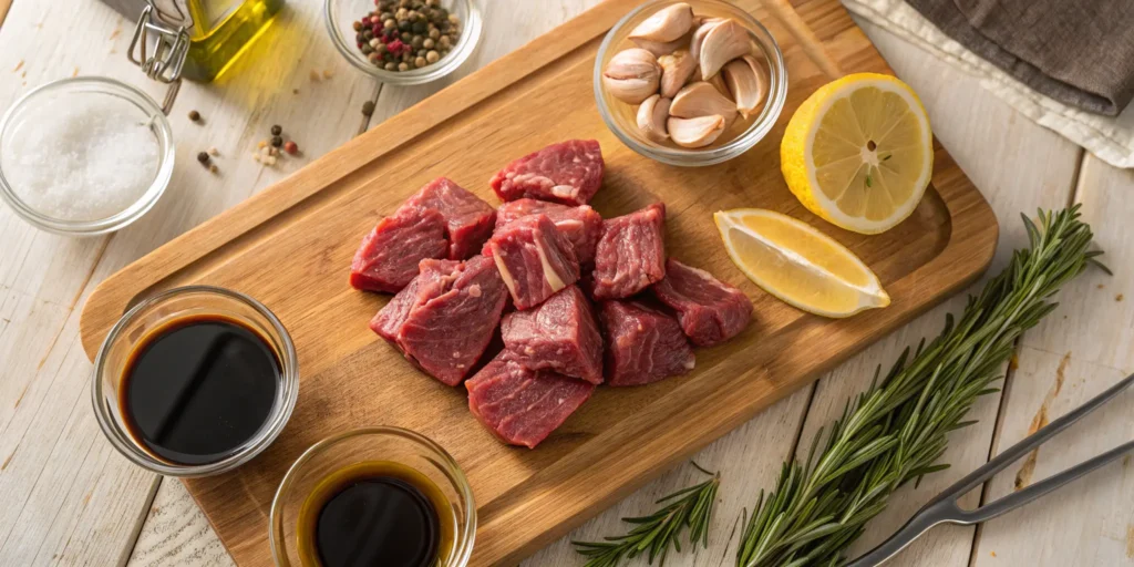 Raw steak tips Recipe with fresh marinade ingredients on cutting board