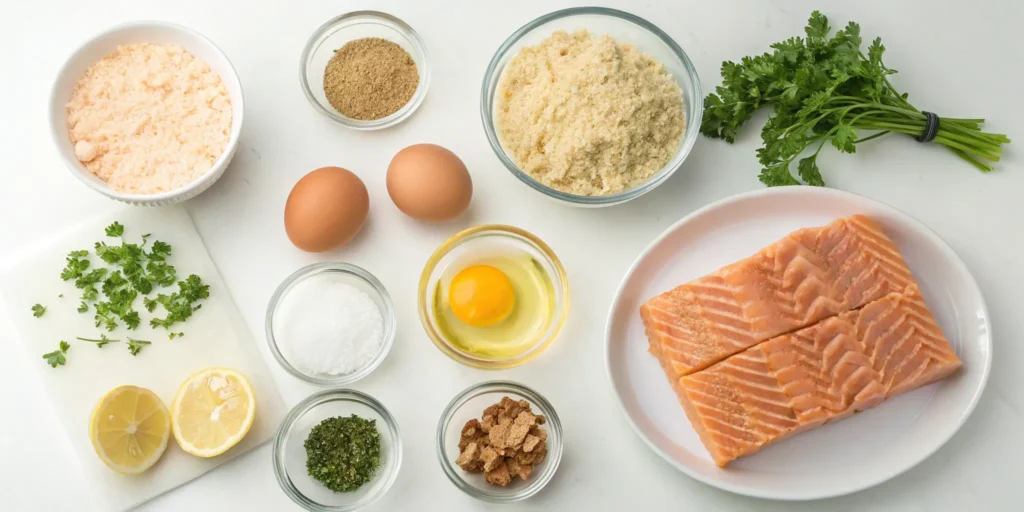 Ingredients for baked salmon cakes including canned salmon, breadcrumbs, eggs, parsley, and lemon