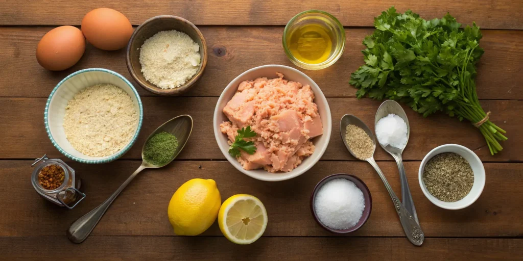 Ingredients for making salmon patties laid out on a wooden surface